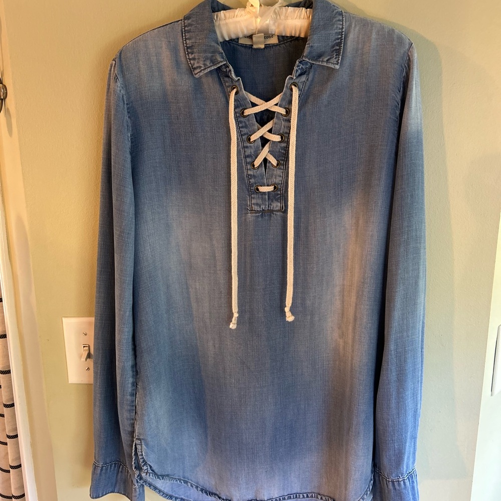 Cloth and Stone Chambray Tunic Boho tie up, long sleeve top Anthropologie, Med - Picture 2 of 11